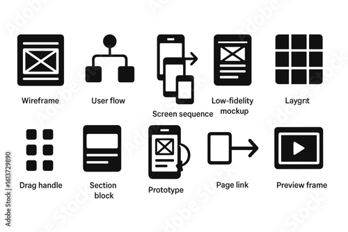 Collection of black and white line icons for design and development processes