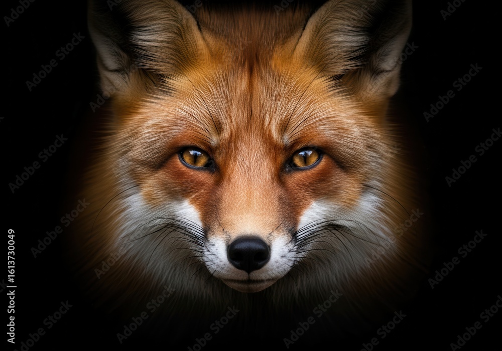 Fototapeta premium Intense Gaze: Red Fox Portrait Against Black Background, Dramatic Lighting, Wildlife Photography