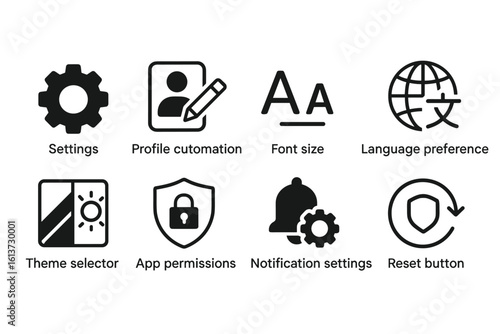 Set of black and white outline icons for settings, profile automation, font size, language preference, theme selector, app permissions, notification settings, reset button