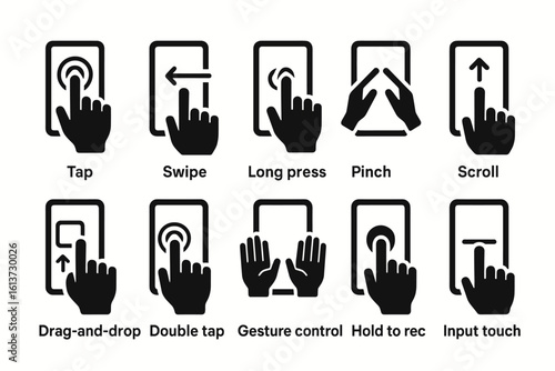 Collection of black and white touch gesture icons for touchscreen devices