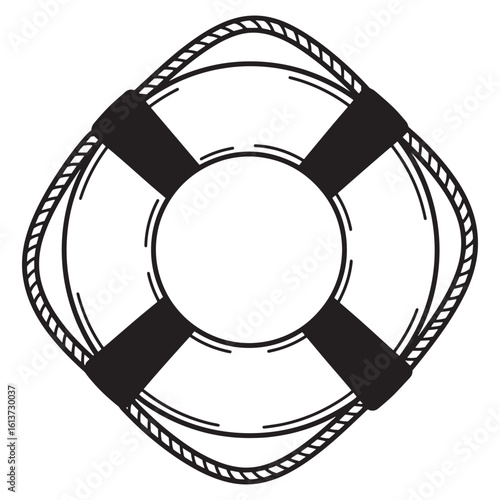 Black and white illustrated graphic of a classic life preserver ring for nautical concepts.