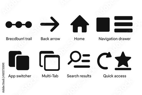Set of black outline icons for navigation and app functions