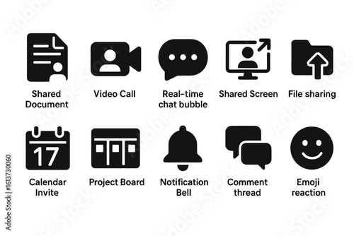 Set of black and white line style icons for online collaboration software and communication tools