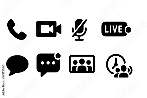 Set of black communication and media icons in glyph style