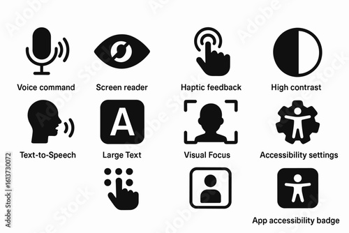 Set of black outline accessibility icons for UI, with voice command, screen reader, high contrast