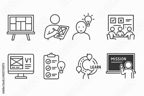 Set of linear icons for design, planning, and teamwork in black outline style