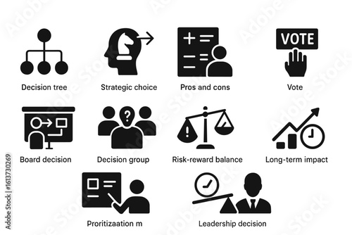 Set of black and white decision-making icons in glyph style