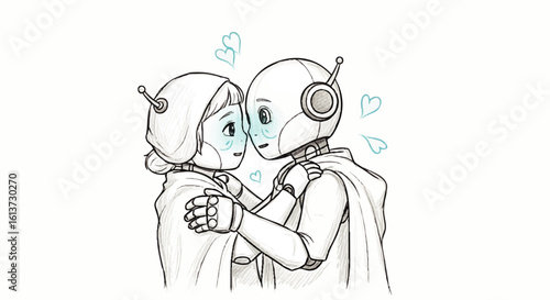 Two stylized robots, depicted in a tender embrace, with lighthearted, affectionate details.
