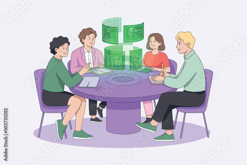Team Meeting with Holographic Display for Global Business and Future Technology