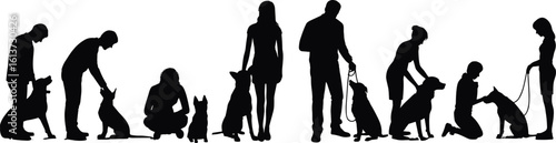 Dog training silhouette, people with dogs silhouette, obedience class silhouette, pet care silhouette, group training silhouette, leash training silhouette, walking dog silhouette
