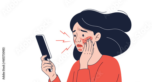 Woman with red face experiencing skin irritation from phone screen radiation anxiety medical condition illustration
