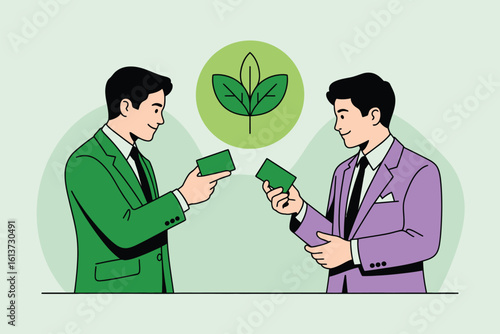 Two businessmen exchanging green cards with a leaf logo in background