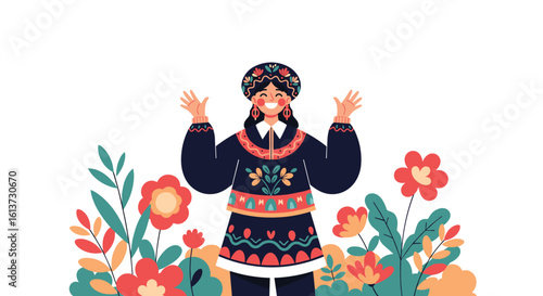 A person in traditional clothing stands cheerfully surrounded by colorful flowers and plants symbolizing spring and vibrant outdoor celebrations