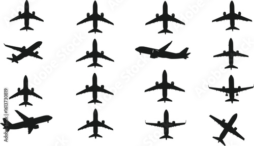 
Airplane silhouette set, top view flight icons, aircraft vector illustrations, aviation symbols collection, airplane shapes, flying plane icons, travel and air transport vectors, airplane front and s