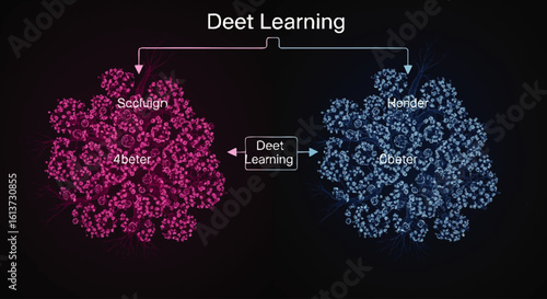 Diagram illustrating a "Deet Learning" process, showing a transformation of red clusters to blue clusters.