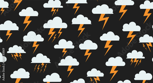 A dynamic pixel art pattern featuring lightening strikes emerging from fluffy white clouds against a deep black background creating a stormy atmosphere