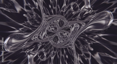 Abstract, symmetrical, flowing metallic shapes with intricate patterns, dark background.