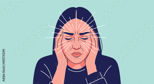 Woman holding her head in pain experiencing severe headache or migraine with stress and anxiety depicted by radiating lines around her forehead