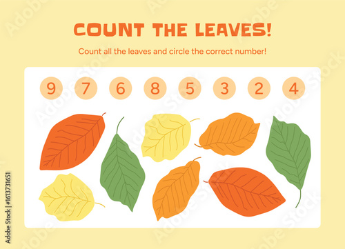 How many game for kids with autumn. Leaves in orange, yellow and green colors. Count all the leaves and circle correct number. Educational worksheet. Flat cartoon vector illustration for activity