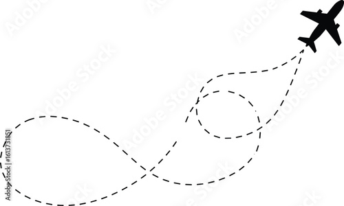 
Black airplane flying with dashed curved flight path trail, isolated vector icon, air travel, route, aviation symbol illustration