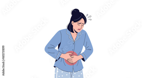 Woman experiencing severe abdominal pain and discomfort clutching her stomach feeling unwell and nauseous illustration