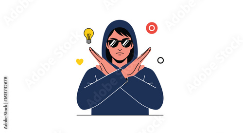 Illustrating the concept of refusal and rejection with a person showing a stop gesture in a hooded sweatshirt and sunglasses