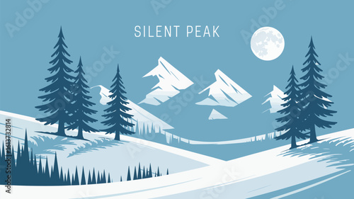 Winter Mountain Landscape with Moonrise Snow-Capped Peaks, Pine Forest, and Peaceful Evening Scene in Snowy Weather for Holiday Cards and Seasonal Designs