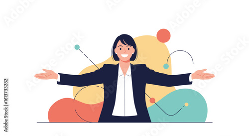 A cheerful person in a suit with arms wide open embracing the future and opportunities available