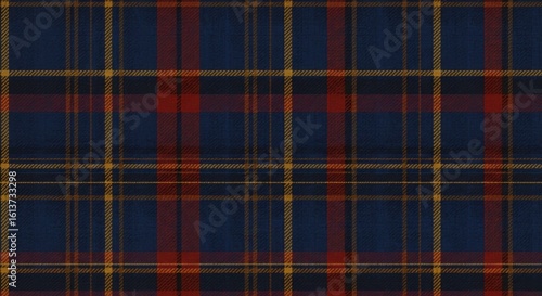 Classic tartan pattern featuring deep navy blue with bold red and subtle yellow lines