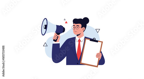 Announcing important news with a megaphone and clipboard inspiring audience engagement and information sharing