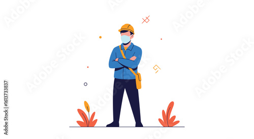 A masked construction worker standing confidently with arms crossed in a safe work environment