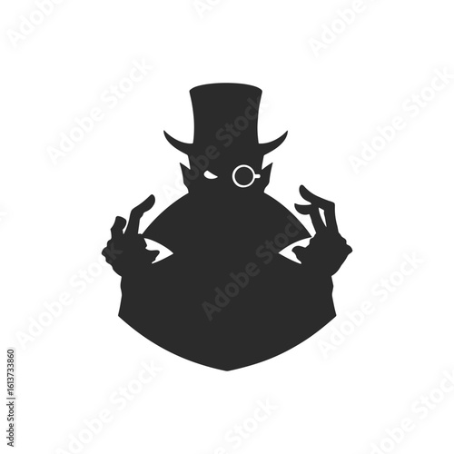 Silhouette of a sinister gentleman, top hat, monocle, clawed hands.