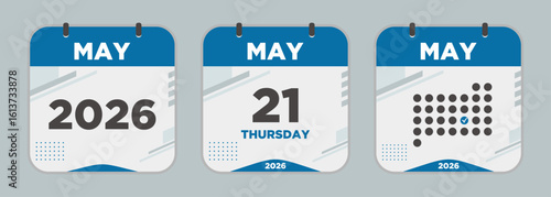 Modern Calendar icon. May. 2026 21 day. The concept of waiting for an important date. Day calendar with date May 21. Cheklist day calendar. Vector illustration