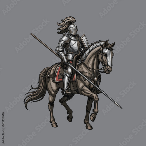 A medieval knight in shining armor, mounted on a horse, holding a lance, ready for battle.