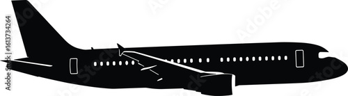 
Cad drawing flat vector illustration of airplane silhouette, modern commercial aircraft side view, aviation icon, travel and transportation design