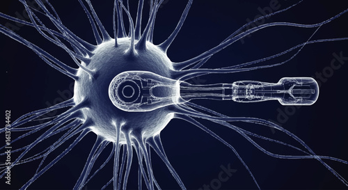 Nanobot interacting with a neuron, intricate neural network, microscopic view of technological interaction with biology.