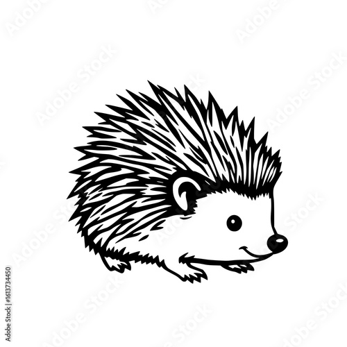 Adorable Hand-Drawn Hedgehog Illustration: Black and White Line Art of a Cheerful Prickly Creature, Perfect for Children's Books, Nature-themed Designs, and Animal-lover Products