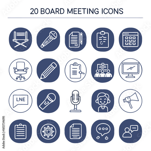 Illustration of twenty board meeting icons including a chair microphone document calendar and people icons