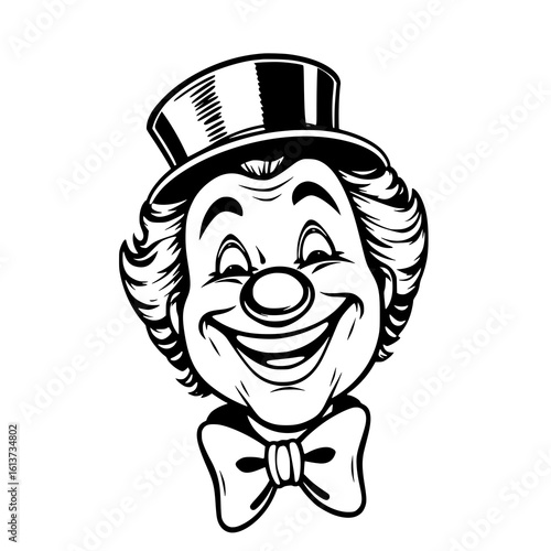Joyful Vintage Clown Illustration: Black and White Headshot of a Smiling Circus Jester with Top Hat and Bow Tie