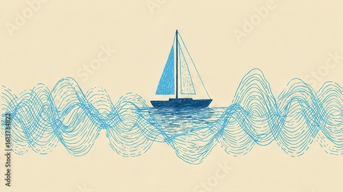   A sketch of a sailboat amidst wave-tossed waters against a softly glowing background