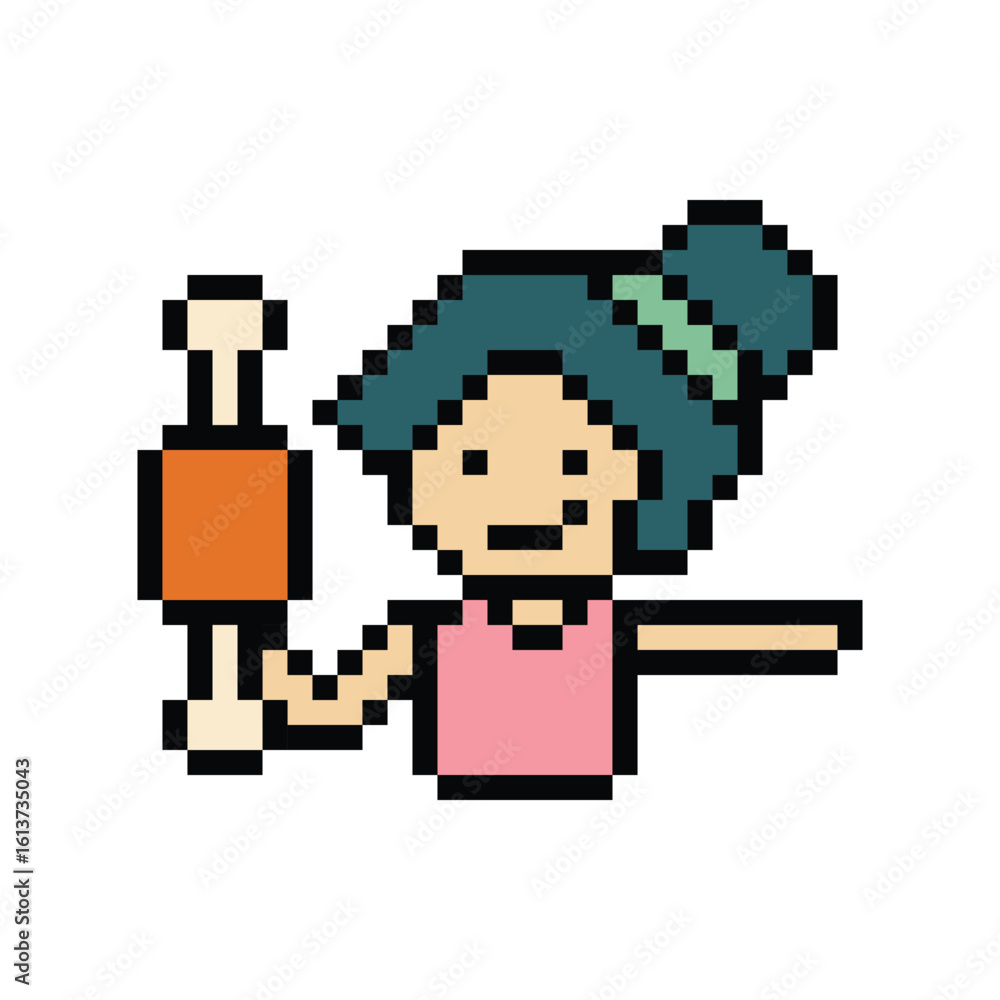 Fototapeta premium Pixel art cute cartoon 8bit character woman eat food meat hungry delicious lifestyle decor restaurant 8 bit female girl meal isolated png vector.