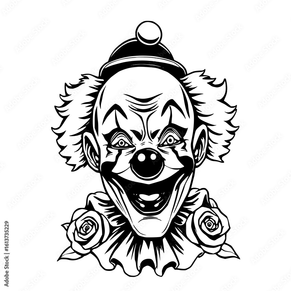 Fototapeta premium Menacing Clown Portrait: Black & White Tattoo Style Illustration with Roses