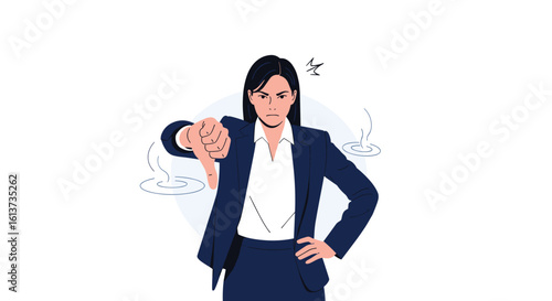 Frustrated businesswoman expressing disappointment with a thumb down gesture and negative business charts in the background