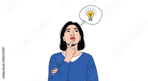 A woman is thinking about a new idea with a lightbulb symbolizing innovation and creativity in her thought bubble above her head