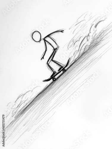 Stick figure skateboarding downhill on white textured background, illustration