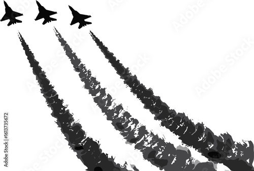 
Cad drawing flat vector illustration of fighter jets flying in formation with smoke trails, aviation design, military aircraft silhouette