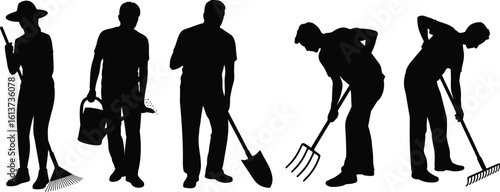 Gardening people silhouette, garden worker silhouette set, men and women working garden tools, farmer gardening rake shovel pitchfork, outdoor work silhouette