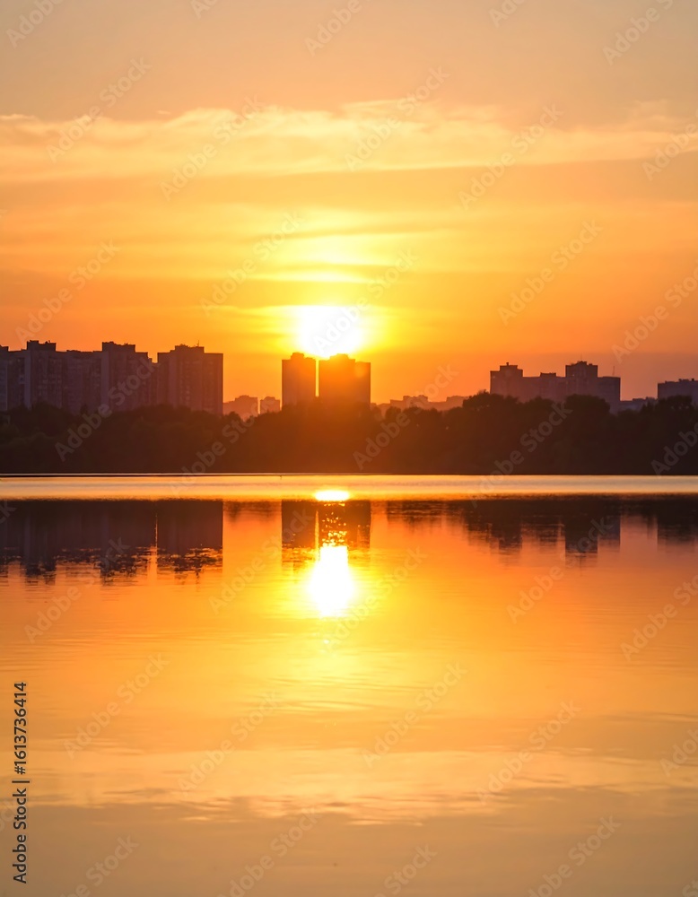 Fototapeta premium Golden sunrise over city reflected in water