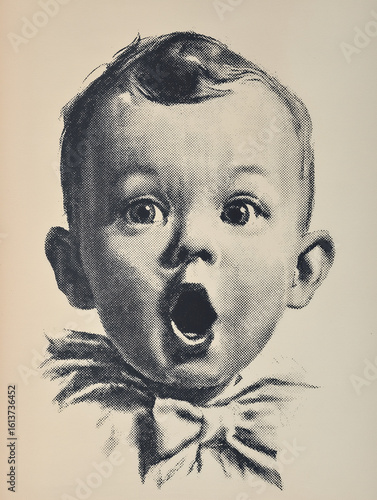 Black and white illustration of surprised baby face isolated on white background