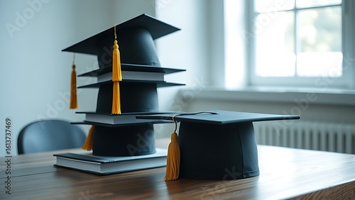 Stacked graduation hats on a wooden table, softly lit by natural window light in an academic setting.